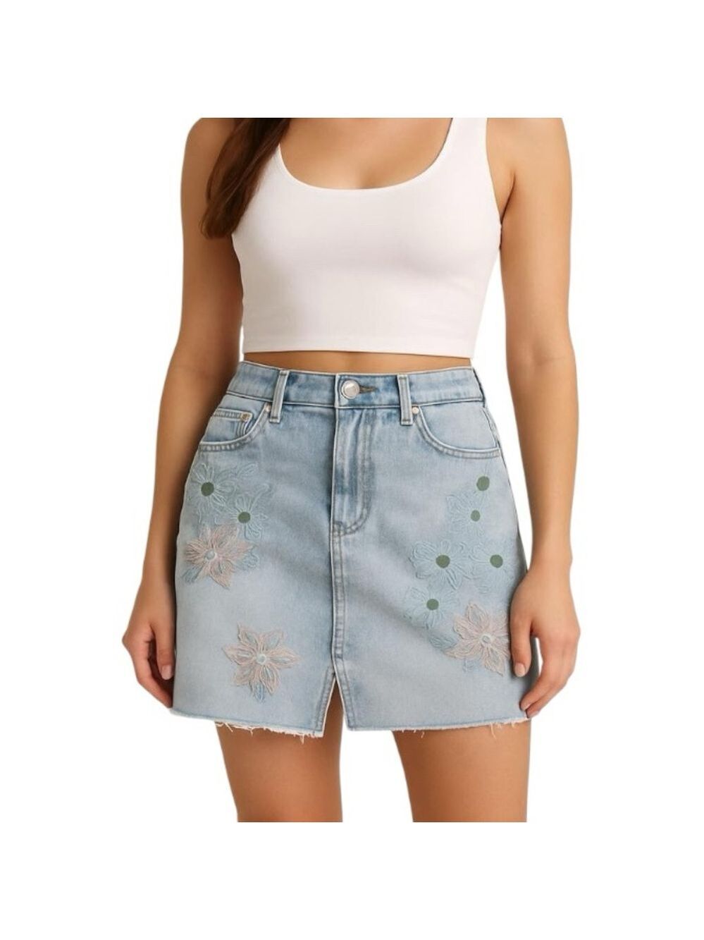 For the Republic embroidered jean denim raw hem skirt 8 28